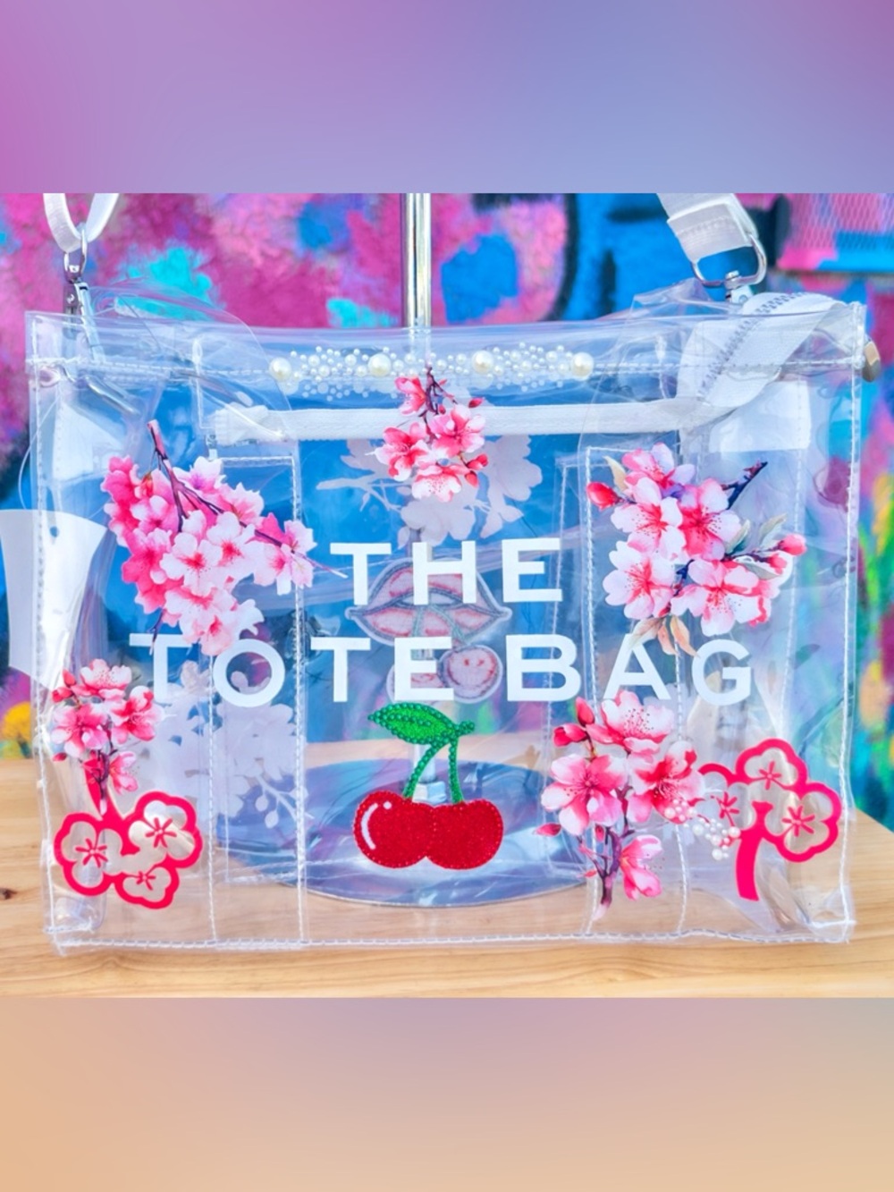 ‘CHERRY SPECIAL V3’ Clear Medium Tote Bag 10” | Handmade with Custom Embroidery